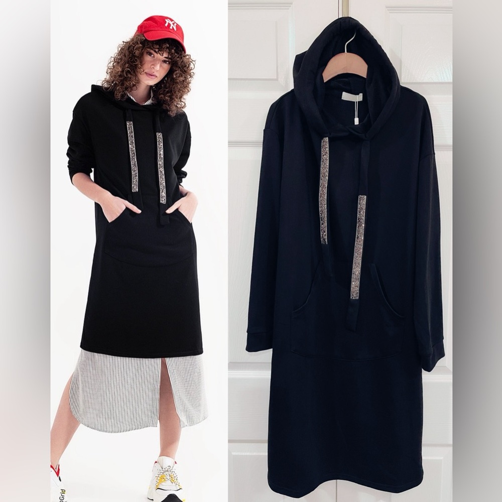 NWT Q2 Black hood sweatshirt dress with sequins